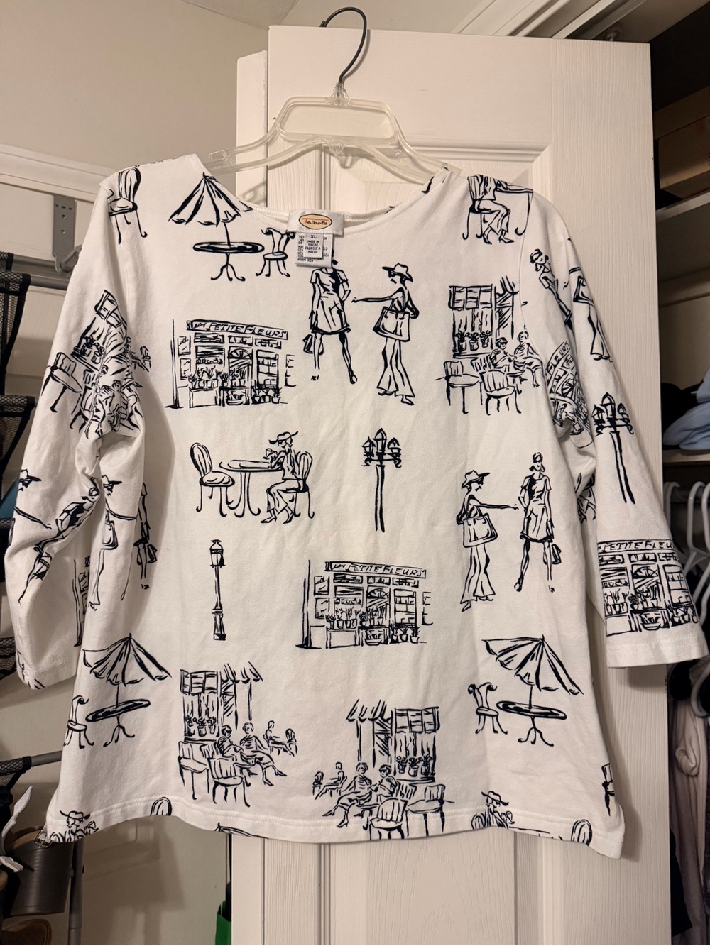 Talbots White Long-Sleeve Shirt with Café-Scene Print